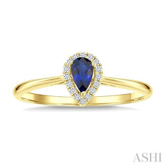 5x3 MM Pear Shape Sapphire and 1/20 Ctw Round Cut Diamond Halo Precious Ring in 14K Yellow Gold