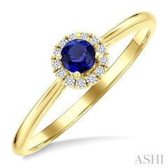 3.25 MM Round Sapphire and 1/20 Ctw Round Cut Diamond Halo Precious Ring in 14K Yellow Gold