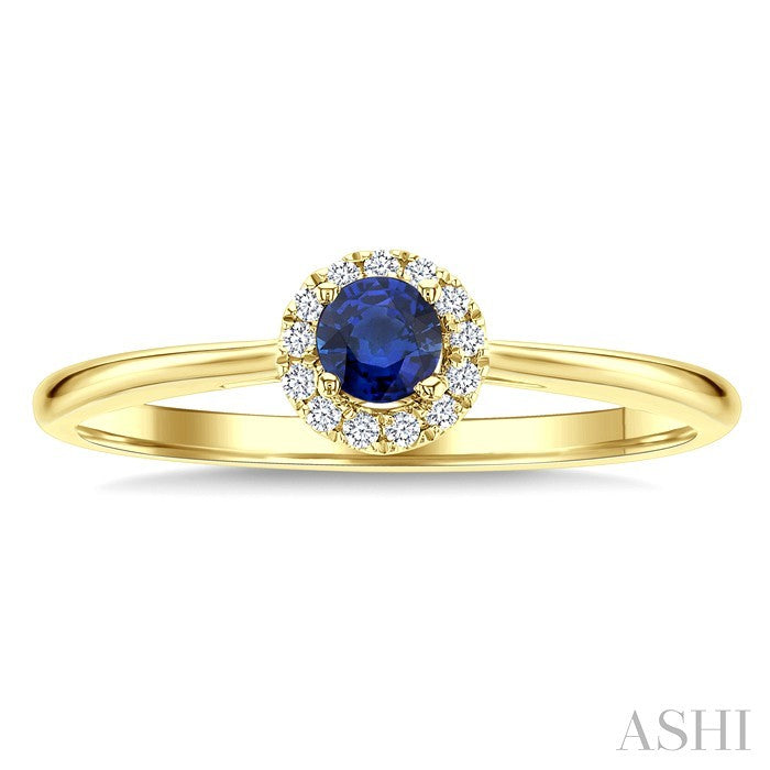 3.25 MM Round Sapphire and 1/20 Ctw Round Cut Diamond Halo Precious Ring in 14K Yellow Gold
