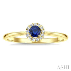 3.25 MM Round Sapphire and 1/20 Ctw Round Cut Diamond Halo Precious Ring in 14K Yellow Gold