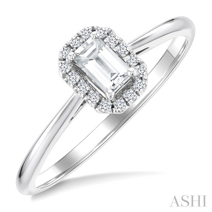 5x3 MM Octagonal Shape White Topaz and 1/20 Ctw Round Cut Diamond Halo Semi-Precious Ring in 14K White Gold