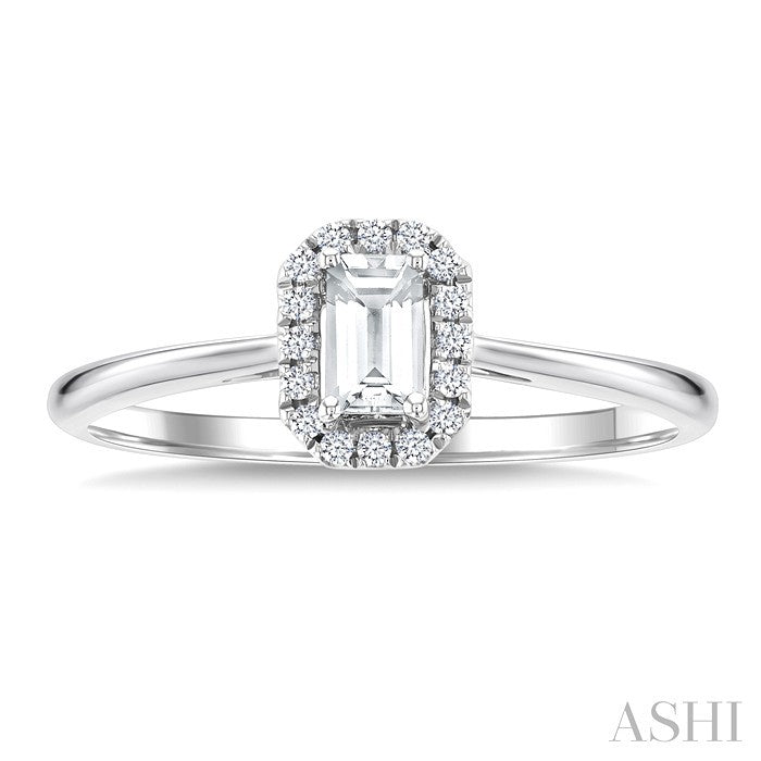 5x3 MM Octagonal Shape White Topaz and 1/20 Ctw Round Cut Diamond Halo Semi-Precious Ring in 14K White Gold