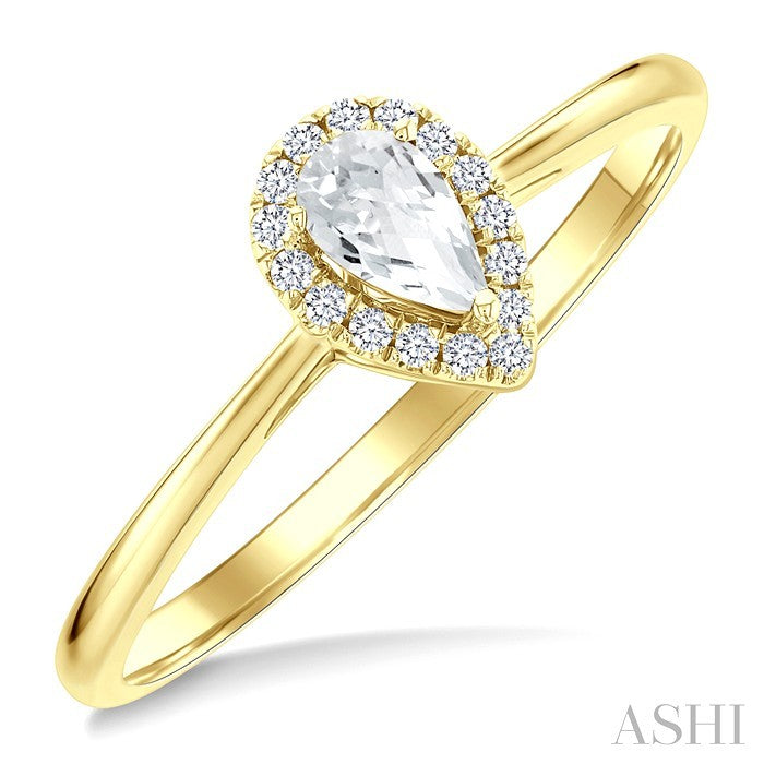 5x3 MM Pear Shape White Topaz and 1/20 Ctw Round Cut Diamond Halo Semi-Precious Ring in 14K Yellow Gold