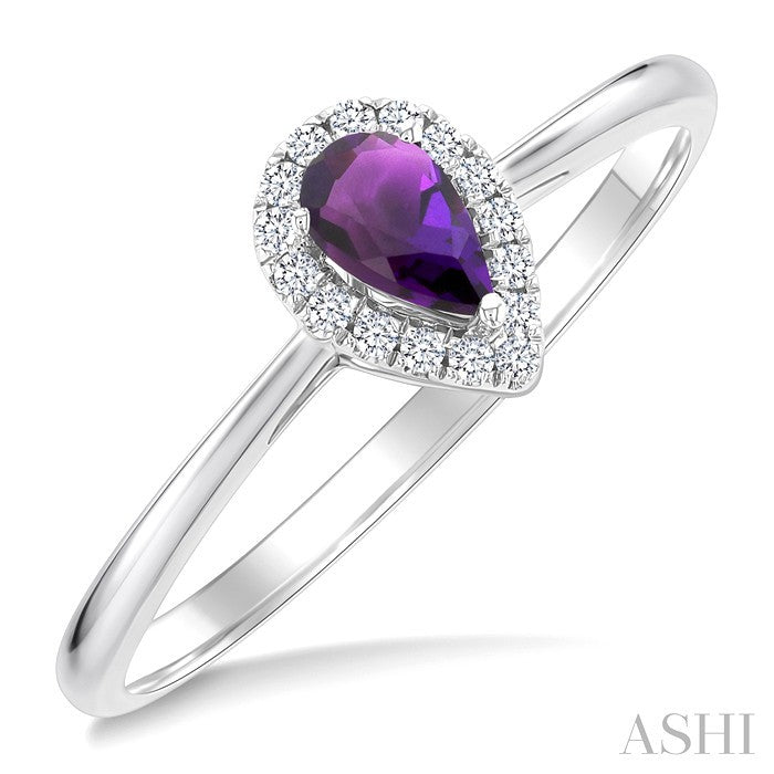5x3 MM Pear Shape Amethyst and 1/20 Ctw Round Cut Diamond Halo Semi-Precious Ring in 10K White Gold