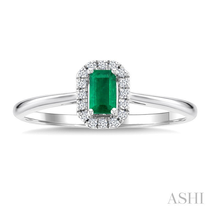 5x3 MM Octagonal Shape Emerald and 1/20 Ctw Round Cut Diamond Halo Precious Ring in 10K White Gold