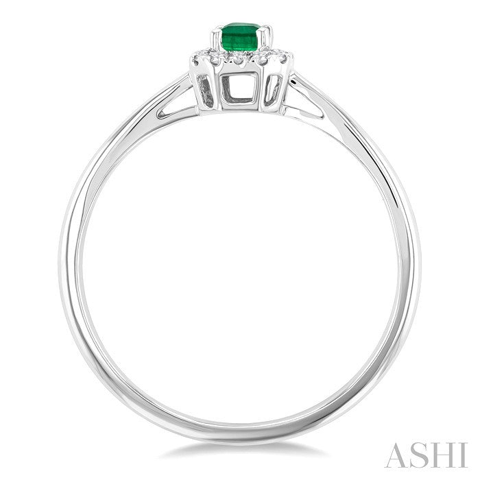 5x3 MM Octagonal Shape Emerald and 1/20 Ctw Round Cut Diamond Halo Precious Ring in 10K White Gold