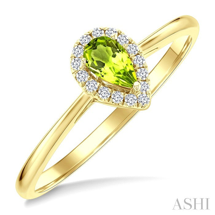 5x3 MM Pear Shape Peridot and 1/20 Ctw Round Cut Diamond Halo Semi-Precious Ring in 10K Yellow Gold