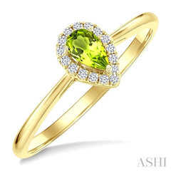 5x3 MM Pear Shape Peridot and 1/20 Ctw Round Cut Diamond Halo Semi-Precious Ring in 10K Yellow Gold