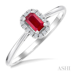 5x3 MM Octagonal Shape Ruby and 1/20 Ctw Round Cut Diamond Halo Precious Ring in 10K White Gold