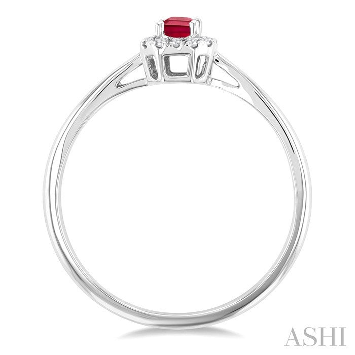 5x3 MM Octagonal Shape Ruby and 1/20 Ctw Round Cut Diamond Halo Precious Ring in 10K White Gold