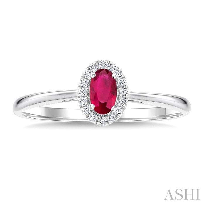 5x3 MM Oval Shape Ruby and 1/20 Ctw Round Cut Diamond Halo Precious Ring in 10K White Gold