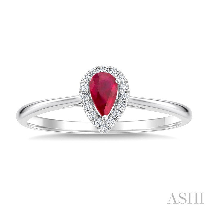 5x3 MM Pear Shape Ruby and 1/20 Ctw Round Cut Diamond Halo Precious Ring in 10K White Gold