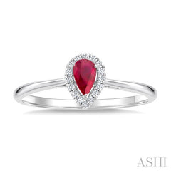 5x3 MM Pear Shape Ruby and 1/20 Ctw Round Cut Diamond Halo Precious Ring in 10K White Gold