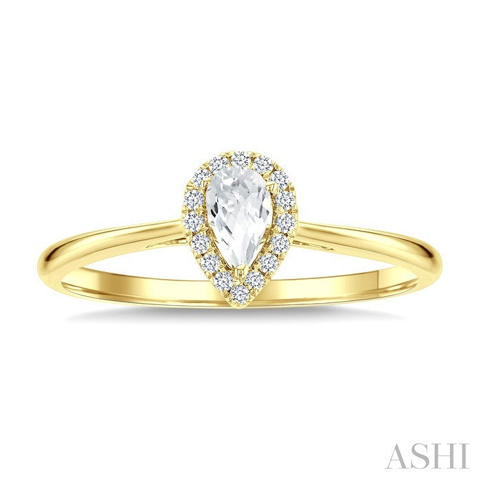 5x3 MM Pear Shape White Topaz and 1/20 Ctw Round Cut Diamond Halo Semi-Precious Ring in 10K Yellow Gold