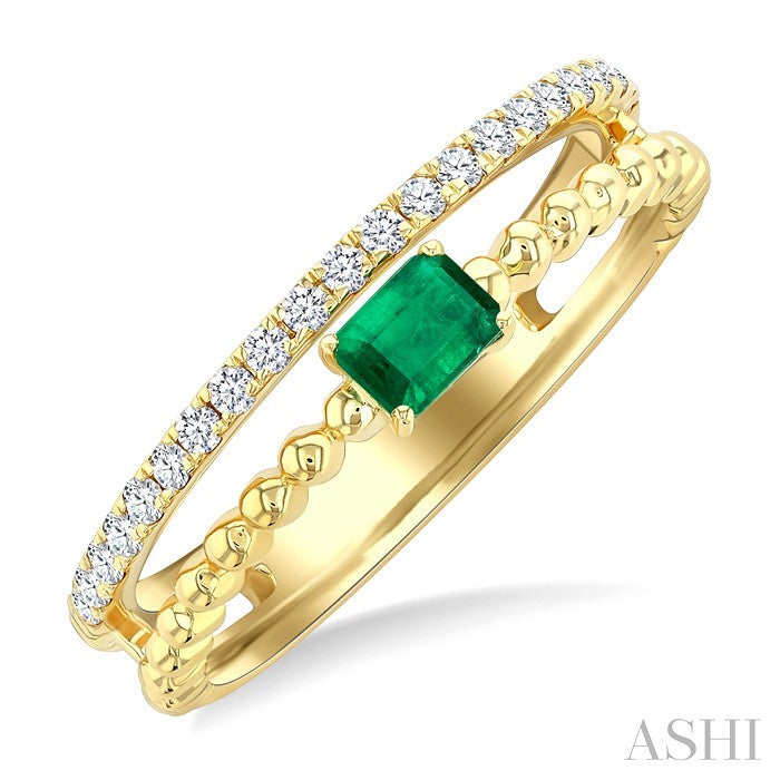 4x3 MM Emerald and 1/5 Ctw Round Cut Diamond Precious Split Twin Ring in 10K Yellow Gold