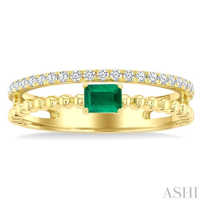 4x3 MM Emerald and 1/5 Ctw Round Cut Diamond Precious Split Twin Ring in 10K Yellow Gold