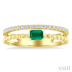 4x3 MM Emerald and 1/5 Ctw Round Cut Diamond Precious Split Twin Ring in 10K Yellow Gold
