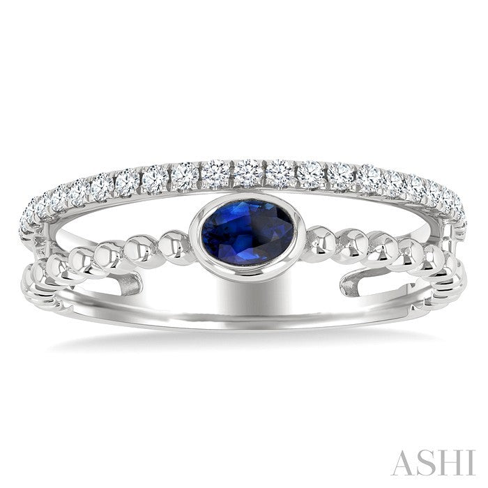 4x3 MM Oval Shape Sapphire and 1/5 Ctw Round Cut Diamonds Precious Fashion Split Twin Ring in 10K White Gold