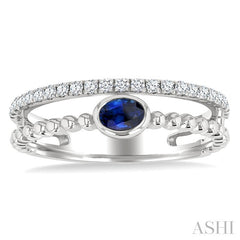 4x3 MM Oval Shape Sapphire and 1/5 Ctw Round Cut Diamonds Precious Fashion Split Twin Ring in 10K White Gold