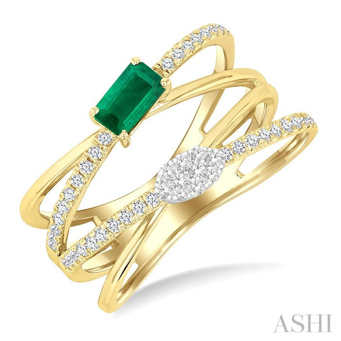5x3 MM Emerald and 1/4 Ctw Round Cut Diamond Double Criss Cross Lovebright Precious Ring in 10K Yellow and White Gold