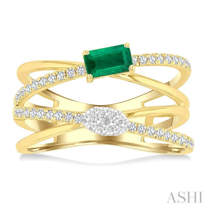 5x3 MM Emerald and 1/4 Ctw Round Cut Diamond Double Criss Cross Lovebright Precious Ring in 10K Yellow and White Gold