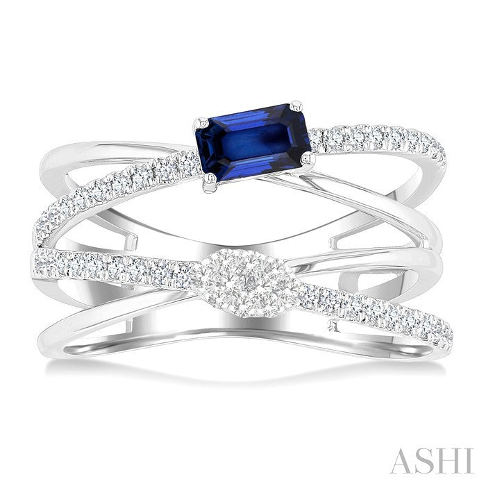 5x3 MM Emerald Shape Sapphire and 1/4 Ctw Round Cut Diamond Double Criss Cross Lovebright Precious Ring in 10K White Gold