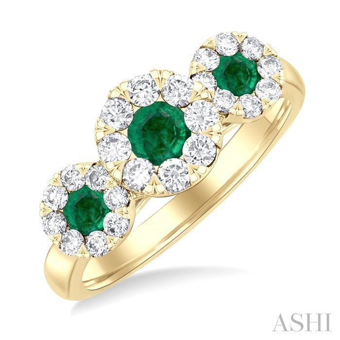 3.8 MM & 3 MM Emerald and 5/8 Ctw Round Cut Diamond Precious Lovebright Past, Present and Future Ring in 14K Yellow Gold