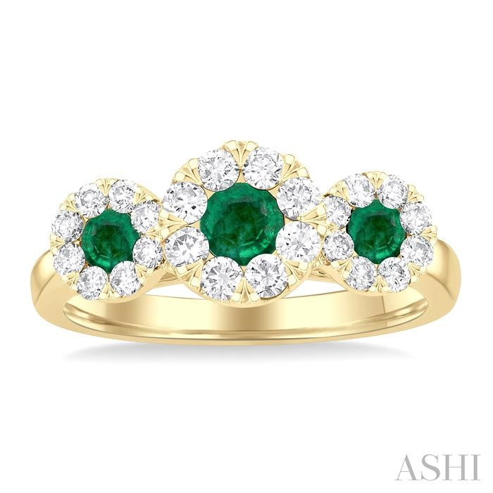3.8 MM & 3 MM Emerald and 5/8 Ctw Round Cut Diamond Precious Lovebright Past, Present and Future Ring in 14K Yellow Gold