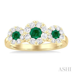 3.8 MM & 3 MM Emerald and 5/8 Ctw Round Cut Diamond Precious Lovebright Past, Present and Future Ring in 14K Yellow Gold