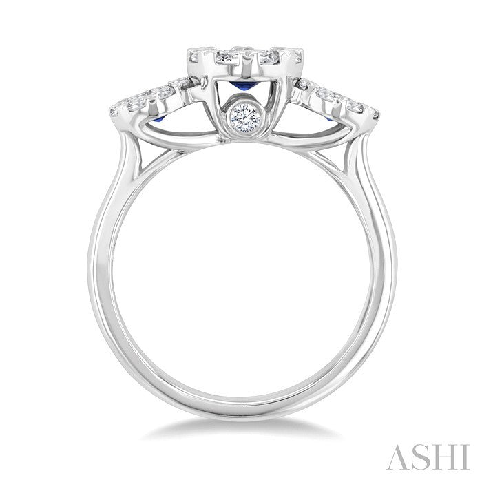 3.8 MM & 3 MM Sapphire and 5/8 Ctw Round Cut Diamond Precious Lovebright Past, Present and Future Ring in 14K White Gold
