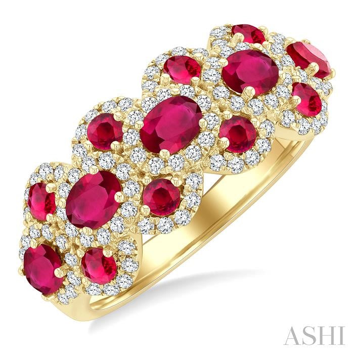 4X3 MM Oval Shape & 2.2 MM and 1/2 Ctw Round Cut Ruby and Round Cut Diamond Scalloped Edge Precious Ring in 14K Yellow Gold