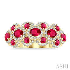 4X3 MM Oval Shape & 2.2 MM and 1/2 Ctw Round Cut Ruby and Round Cut Diamond Scalloped Edge Precious Ring in 14K Yellow Gold