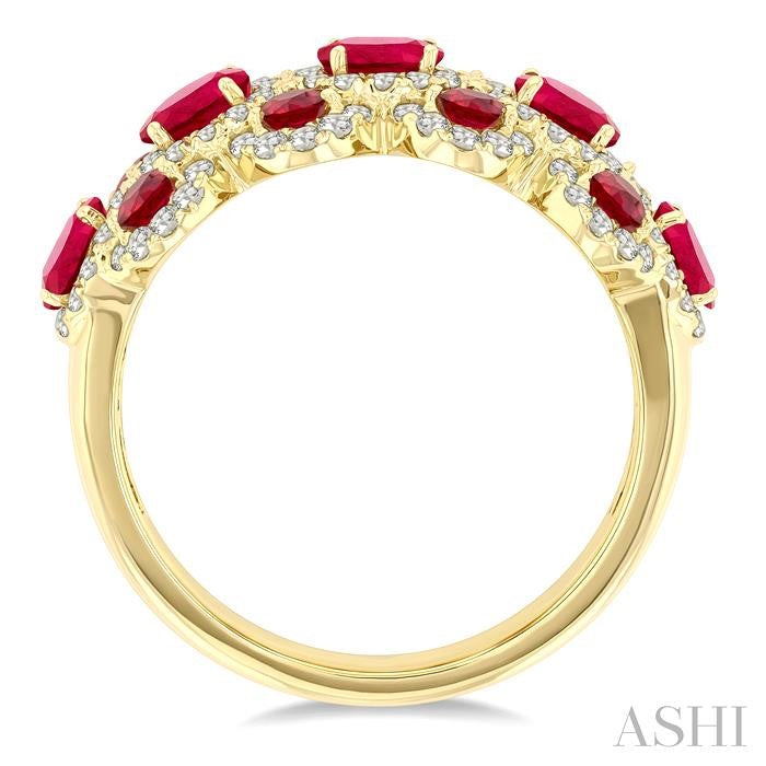 4X3 MM Oval Shape & 2.2 MM and 1/2 Ctw Round Cut Ruby and Round Cut Diamond Scalloped Edge Precious Ring in 14K Yellow Gold