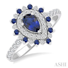6X4 MM Pear Shape & 1.5 MM Round Cut Sapphire and 3/8 Ctw Round Cut Diamond Floral Precious Ring in 14K White Gold