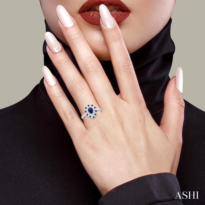 6X4 MM Pear Shape & 1.5 MM Round Cut Sapphire and 3/8 Ctw Round Cut Diamond Floral Precious Ring in 14K White Gold