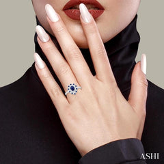 6X4 MM Pear Shape & 1.5 MM Round Cut Sapphire and 3/8 Ctw Round Cut Diamond Floral Precious Ring in 14K White Gold