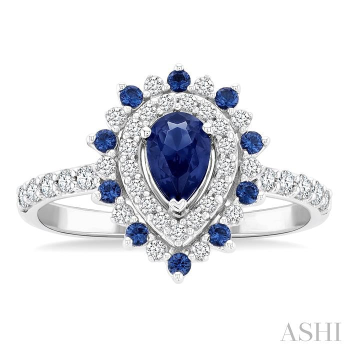 6X4 MM Pear Shape & 1.5 MM Round Cut Sapphire and 3/8 Ctw Round Cut Diamond Floral Precious Ring in 14K White Gold