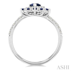 6X4 MM Pear Shape & 1.5 MM Round Cut Sapphire and 3/8 Ctw Round Cut Diamond Floral Precious Ring in 14K White Gold