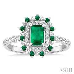 6X4 MM Emerald Shape & 1.5 MM Round Cut Emerald and 1/3 Ctw Round Cut Diamond Floral Precious Ring in 14K White Gold