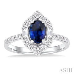7x5 MM Oval Cut Sapphire & 5/8 Ctw Baguette and Round Cut Diamond Halo Precious Ring in 14K White Gold