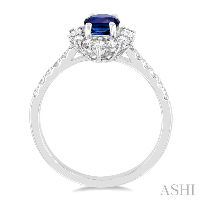 7x5 MM Oval Cut Sapphire & 5/8 Ctw Baguette and Round Cut Diamond Halo Precious Ring in 14K White Gold