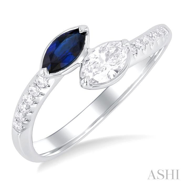 6x3 MM Marquise Cut Sapphire and 1/3 Ctw Marquise & Round Cut Diamond Toi Et Moi Precious Fashion Ring in 14K White Gold
