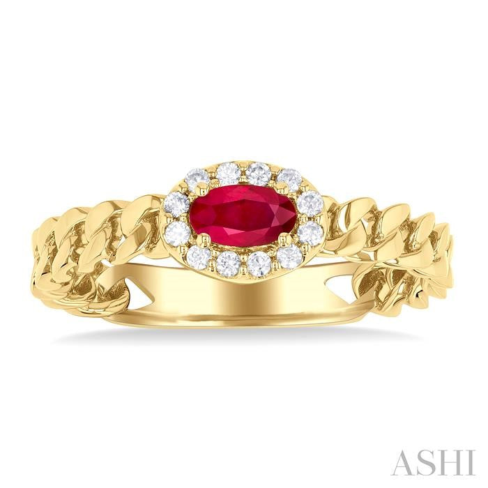 5x3 MM Oval Cut Ruby and 1/10 Ctw Curb & Cuban Link East-West Round Cut Diamond Halo Precious Ring in 10K Yellow Gold
