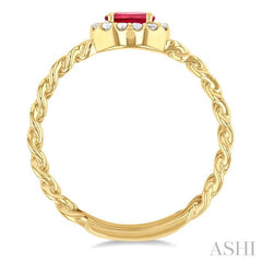 5x3 MM Oval Cut Ruby and 1/10 Ctw Curb & Cuban Link East-West Round Cut Diamond Halo Precious Ring in 10K Yellow Gold