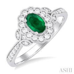 6X4 MM Oval Cut Emerald and 1/4 Ctw Scalloped Halo Round Cut Diamond Precious Ring in 14K White Gold