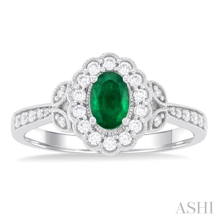 6X4 MM Oval Cut Emerald and 1/4 Ctw Scalloped Halo Round Cut Diamond Precious Ring in 14K White Gold