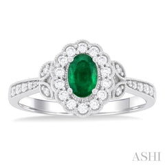 6X4 MM Oval Cut Emerald and 1/4 Ctw Scalloped Halo Round Cut Diamond Precious Ring in 14K White Gold