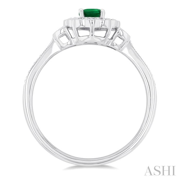 6X4 MM Oval Cut Emerald and 1/4 Ctw Scalloped Halo Round Cut Diamond Precious Ring in 14K White Gold