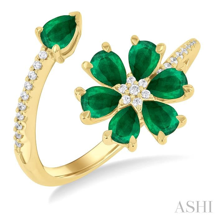 4X3 MM Pear Cut Floral Blossom Emerald and 1/10 Ctw Round Cut Diamond Open Precious Ring in 14K Yellow Gold