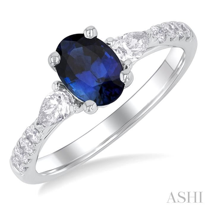 7x5 MM Oval Cut Sapphire & 3/8 Ctw Pear and Round Cut Diamond Precious Ring in 14K White Gold